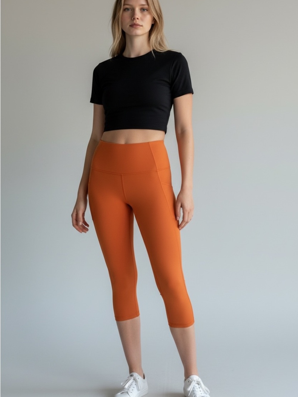 Athleta Salutation Stash Pocket II Capri Leggings Orange Size Small NWT